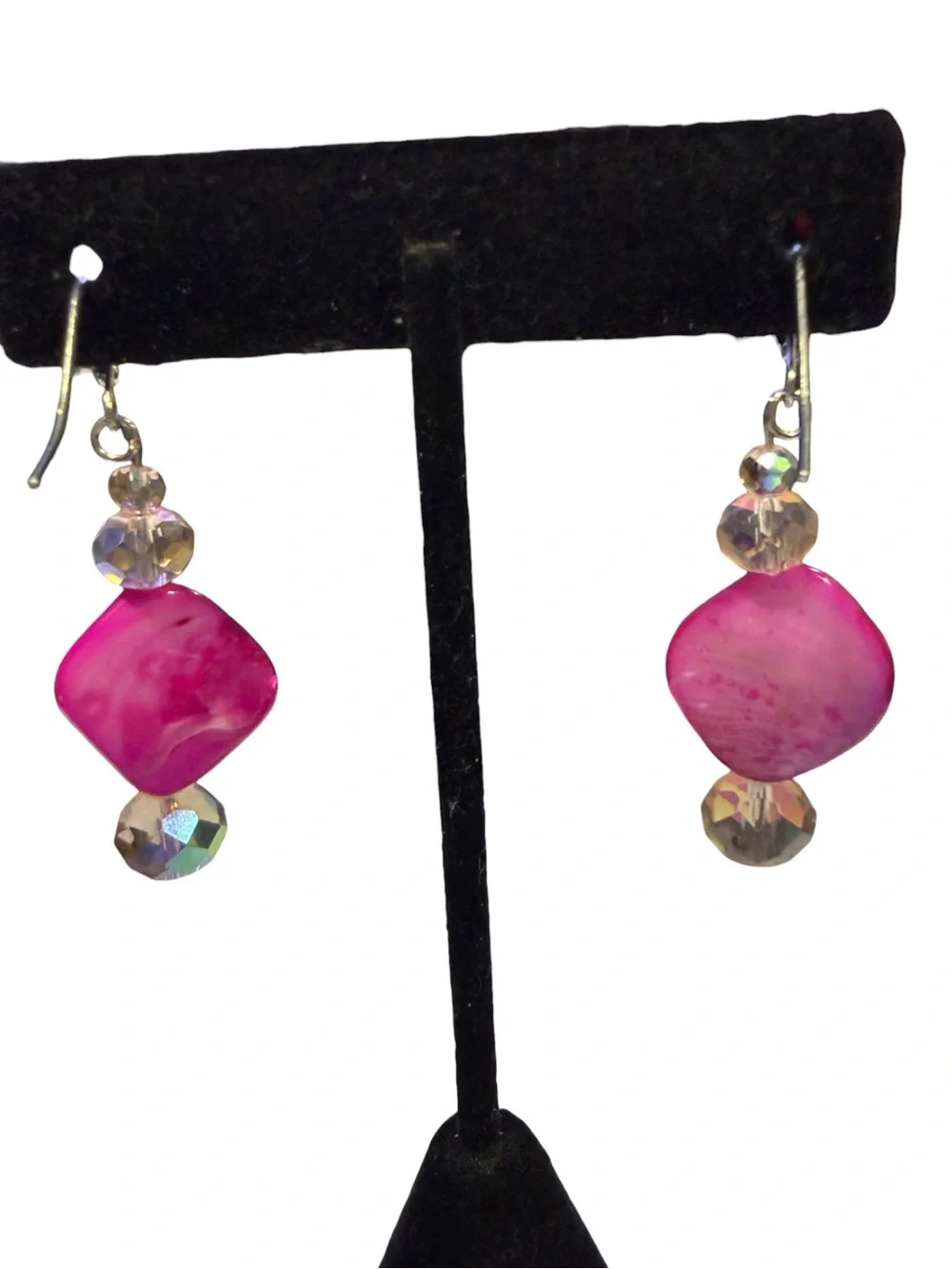 Handmade Fuchsia Mother of Pearl Wave Dangle Earrings Iridescent Crystal Mermaid